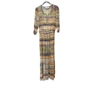 Label Ritu Kumar Maxi Sheer Dress Stripe‎ Tassel Henley Smocked Tribal Neutral S